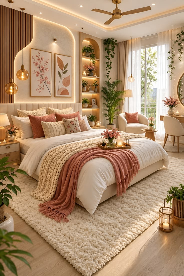 Nature-inspired interior with warm tones and greenery